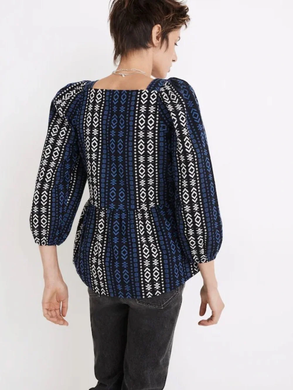 Madewell Lightspun Blue Millbrook Puff Sleeve Geo Print Cotton Peplum Top XXS